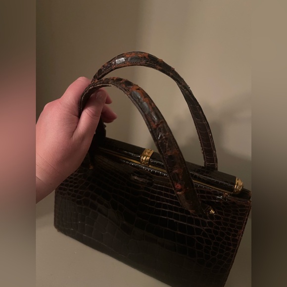 Vintage Lucille de Paris Brown Alligator Leather Handbag With Mirror RARE - Picture 2 of 16